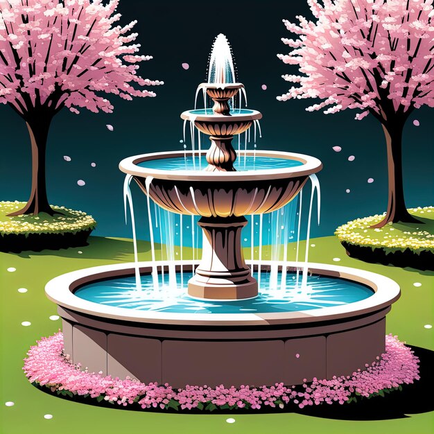 fuente en el parque con sakurafuente con flores en la ilustración de vector de jardín