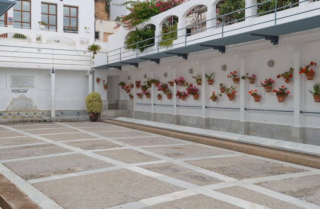 Fuente patio con paredes blancas y macetas ornamentales con geranios Mojacar