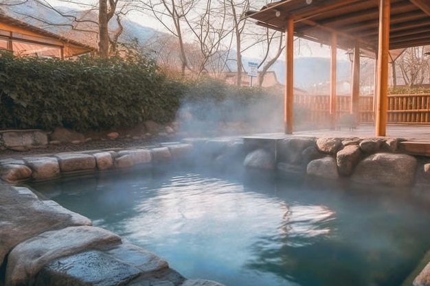 Una fuente termal en la montaña con un jacuzzi y una estructura de madera con una montaña al fondo.