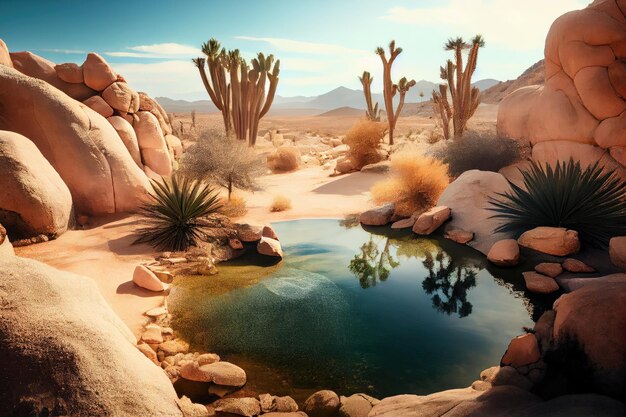 Foto fuente termal rodeada de rocas del desierto y cactus creados con ia generativa