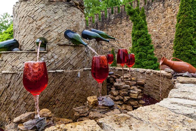 Foto fuente con vino tinto derramado de botellas en vasos