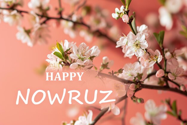 Foto fuentes de árbol de albaricoque con flores en peach fuzz color fondo 2024 texto feliz nowruz año nuevo persa