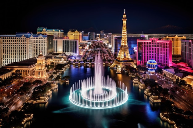 Las fuentes brillantemente iluminadas del Strip de Las Vegas crean un espectáculo deslumbrante por la noche Vista de las fuentes Bellagio y el Strip en Las Vegas Generado por IA