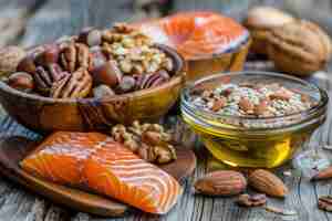 Foto fuentes saludables de omega-3 aceites de nueces pescado súper alimentos