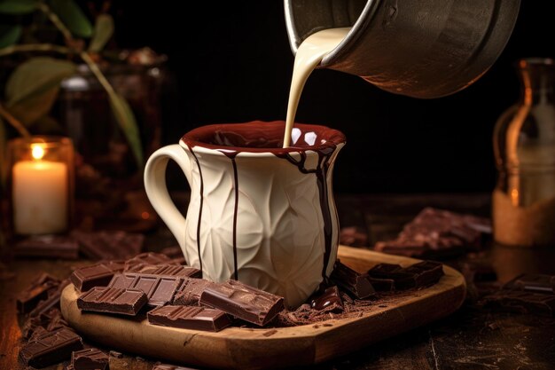 Für eine perfekte Mischung heiße Milch in eine Tasse mit Schokolade gießen