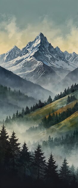 für Werbung und Banner als Mountain Mist Nebel Berge in Aquarell erwecken ein Gefühl von Geheimnis