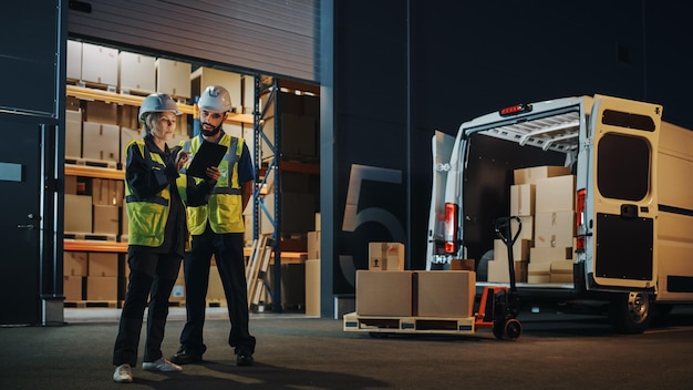 Fuera del almacén de distribución logística con gerente que utiliza la tableta, varios trabajadores cargan el camión de entrega con cajas de cartón, pedidos en línea, compras de bienes de comercio electrónico.