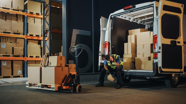 Fuera del almacén de distribución logística con gerente que utiliza la tableta, varios trabajadores cargan el camión de entrega con cajas de cartón, pedidos en línea, compras de bienes de comercio electrónico.