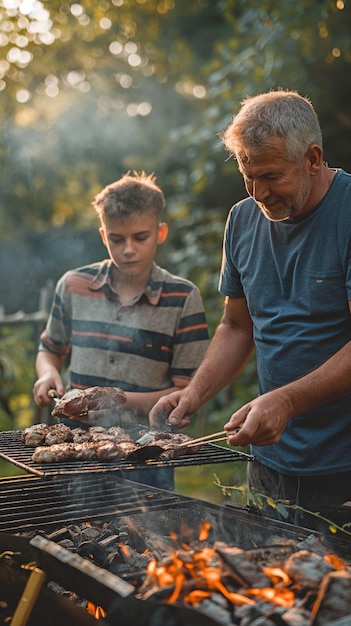 Foto fuera en la parrilla el padre y el hijo están cocinando barbacoa frita carne marinada sobre el fuego