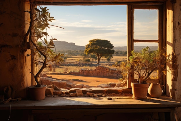 Fuera de la ventana un pequeño oasis con cocoteros y hierba en el inmenso desierto sin fin