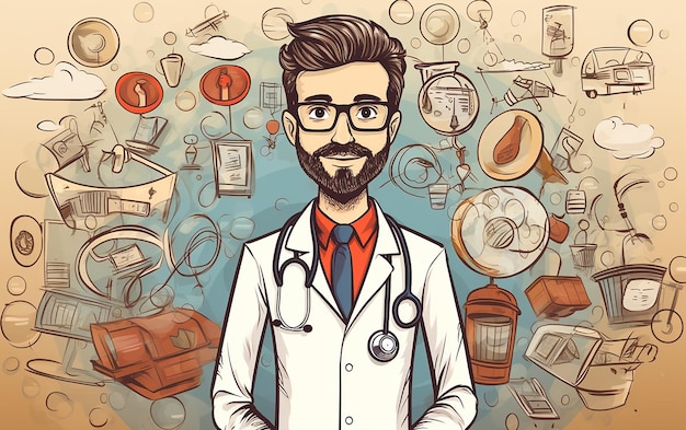 Fürsorgliche professionelle handgezeichnete Cartoon-Doktor-Illustration