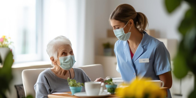 Foto fürsorglicher arzt und lächelnder älterer patient, der zu hause pflegehilfe erhält