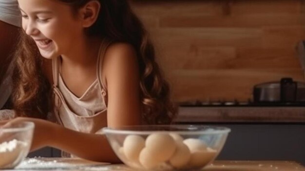 Foto fürsorglicher vater und mutter unterrichten spielerisch kleine kinder, wie man gebäck kocht, während sie am tisch stehen.