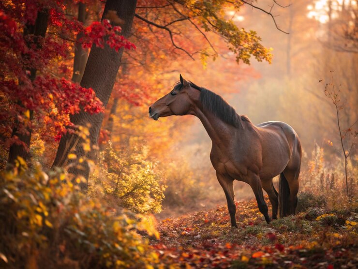Un fuerte caballo de castaño camina a través de un bosque de otoño rodeado de hojas rojas y naranjas que caen un fuerte cabalo de castaño camiña a través de una selva de otoño cercada de hojas de rojo y naranja que caen
