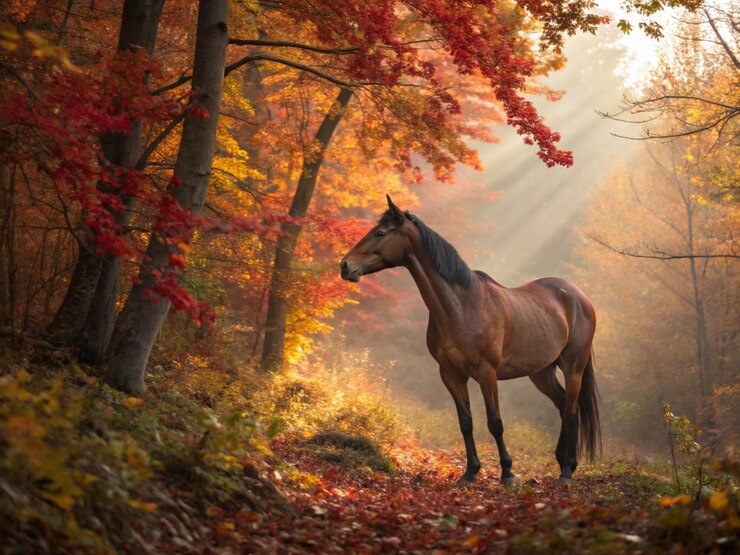 Un fuerte caballo de castaño camina a través de un bosque de otoño rodeado de hojas rojas y naranjas que caen un fuerte cabalo de castaño camiña a través de una selva de otoño cercada de hojas de rojo y naranja que caen