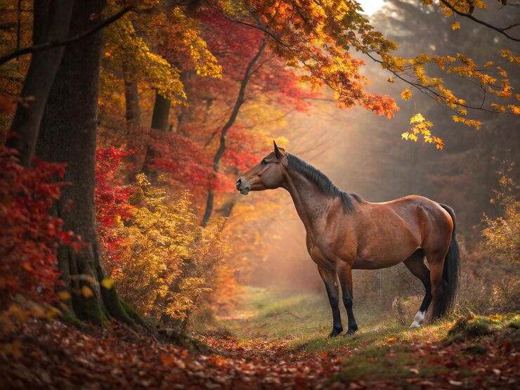 Un fuerte caballo de castaño camina a través de un bosque de otoño rodeado de hojas rojas y naranjas que caen un fuerte cabalo de castaño camiña a través de una selva de otoño cercada de hojas de rojo y naranja que caen