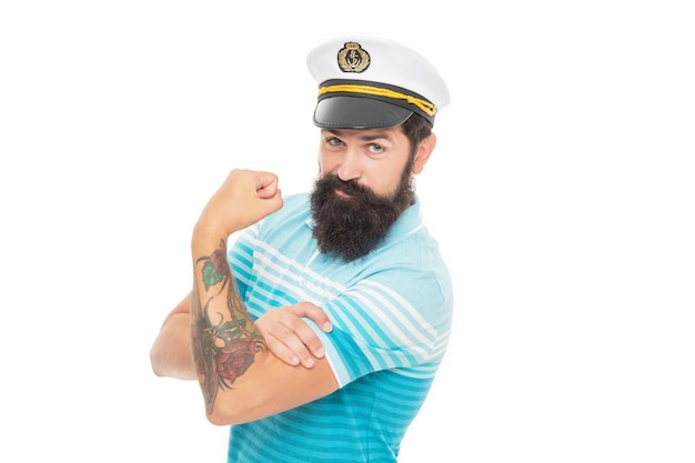 Foto fuerte capitán con sombrero en el estudio capitán con sombrero en la foto de fondo del capitán con sombrero
