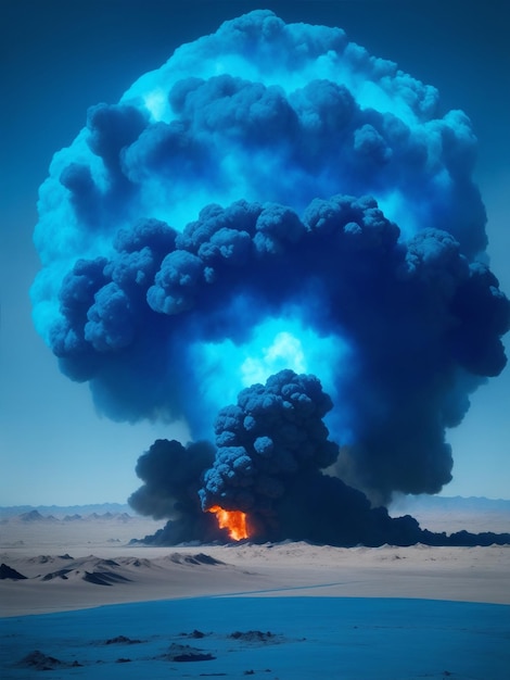 Foto fuerte explosión de bomba atómica en color azul.