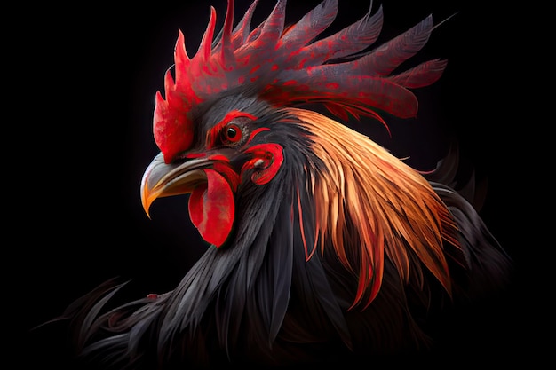 Fuerte gallo furioso con cresta roja antes de las peleas de gallos
