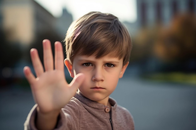 Fuerte gesto de negación niño mostrando la mano sin negativa escrita o mensaje anti-bullying