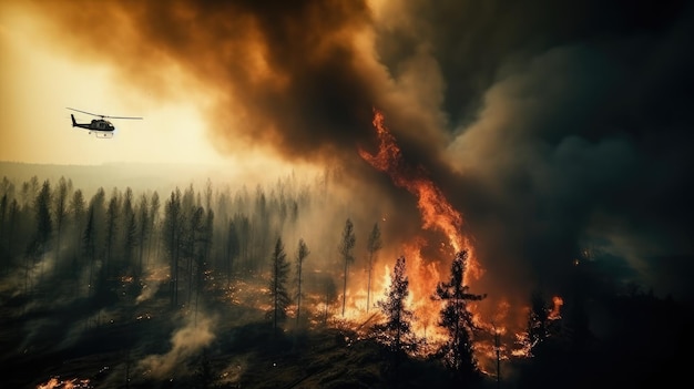 Un fuerte incendio forestal abetos pinos están quemando un helicóptero de incendios está dando vueltas sobre la quema