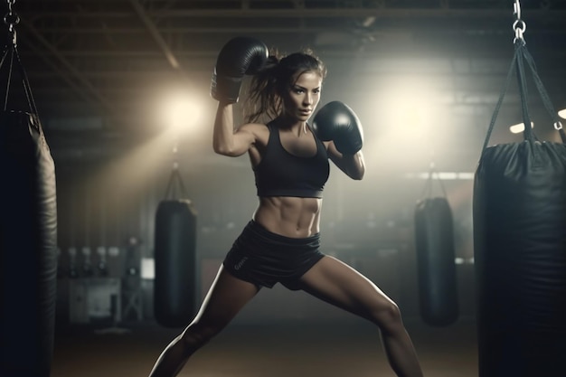 Una fuerte mujer boxeadora latina se prepara para patear un enorme saco de boxeo en el gimnasio Chica atlética entrenando boxeo Muay Thai para culturismo Generativo Ai