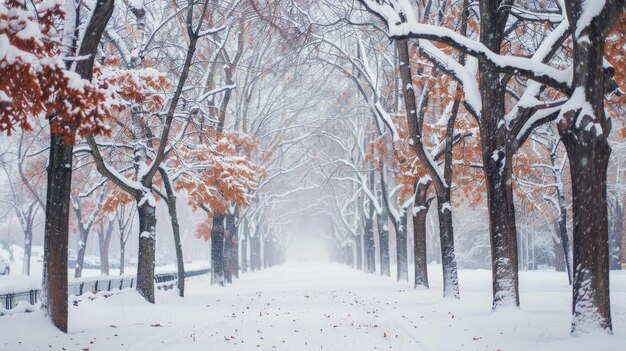 Fuerte nevada en un tranquilo parque urbano árboles alineados con blanco