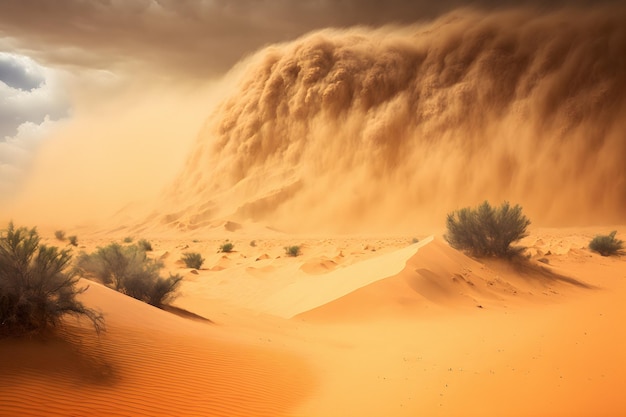Fuerte tormenta de arena y polvo sobre la tierra del desierto en un caluroso día de verano. Peligro y poder de la naturaleza salvaje.