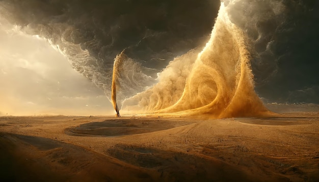 Fuerte tormenta de arena y polvo sobre la tierra del desierto en un día caluroso