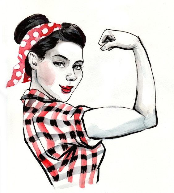 Foto fuerte trabajadora flexionando bíceps. dibujo a tinta y acuarela