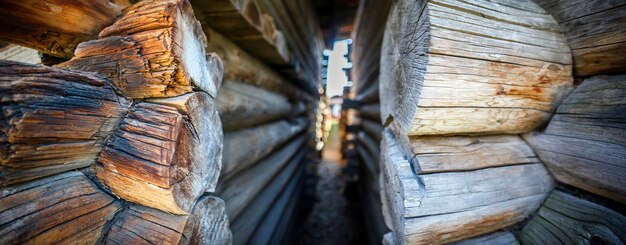 Fuerte viejo en el museo arquitectónico y etnográfico de Irkutsk "Taltsy" Rusia. Troncos de pino antiguo en casas antiguas en el parque histórico