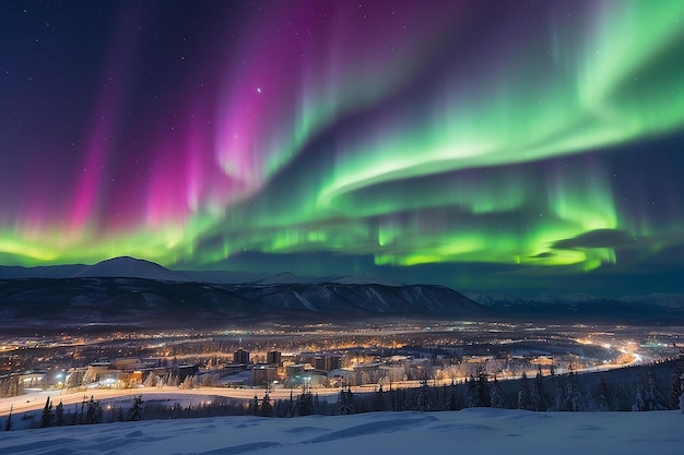 Foto fuertes luces del norte aurora borealis subtormenta en el cielo nocturno sobre el centro de whitehorse capital del territorio de yukon canadá en invierno