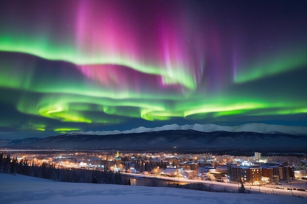 Foto fuertes luces del norte aurora borealis subtormenta en el cielo nocturno sobre el centro de whitehorse capital del territorio de yukon canadá en invierno