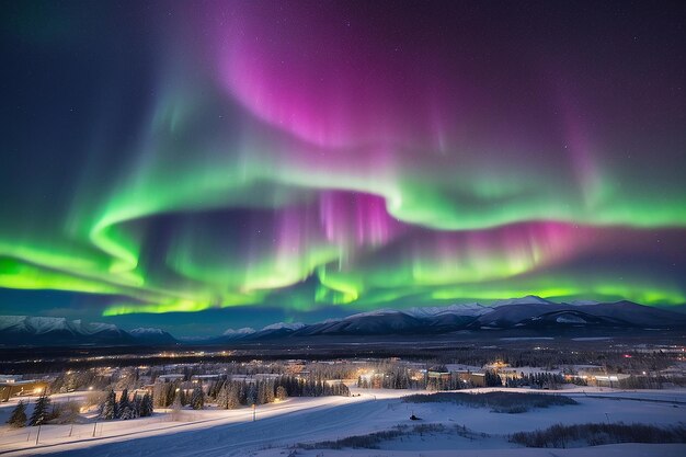 Fuertes luces del norte Aurora borealis subtormenta en el cielo nocturno sobre el centro de Whitehorse capital del Territorio de Yukon Canadá en invierno