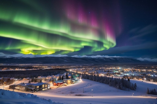 Foto fuertes luces del norte aurora borealis subtormenta en el cielo nocturno sobre el centro de whitehorse capital del territorio de yukon canadá en invierno