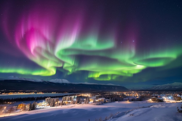 Foto fuertes luces del norte aurora borealis subtormenta en el cielo nocturno sobre el centro de whitehorse capital del territorio de yukon canadá en invierno