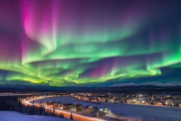 Foto fuertes luces del norte aurora borealis subtormenta en el cielo nocturno sobre el centro de whitehorse capital del territorio de yukon canadá en invierno