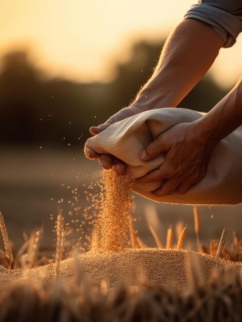 Fuertes manos masculinas sosteniendo un saco de grano El trigo maduro está saliendo de la bolsa Puesta de sol sol fondo borroso IA generativa