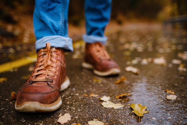 Füße einer Frau, die im Herbstwald entlang der Asphaltstraße geht