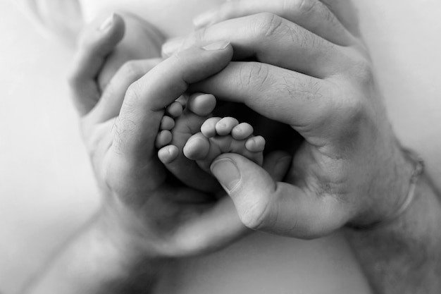 Füße eines Neugeborenen in den Händen eines Vaters, Elternteils. Schwarz-Weiß-Fotografie. Glückliches Familienkonzept. Foto in hoher Qualität