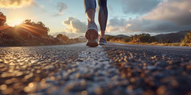 Foto füße in sneakers eines mannes, der den weg entlang läuft generative ki