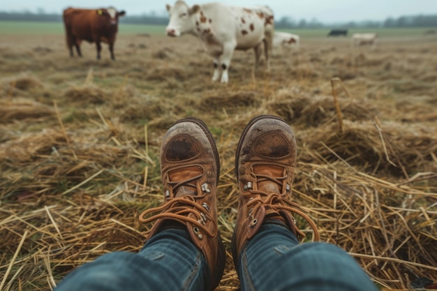 Füße in Stiefeln auf einer Farm zwischen Heu und Kühen