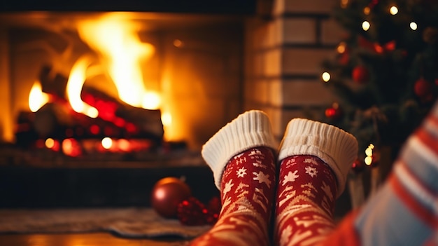 Füße in Wollsocken am Weihnachtskamin