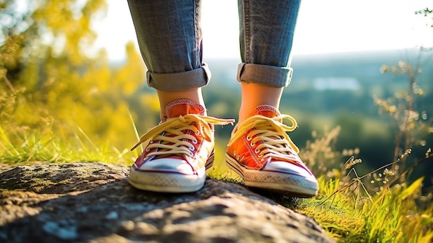 Füße Mädchen und Turnschuhe auf Naturhintergrund im UrlaubRelax-Zeit, selektiver Fokus, generative KI