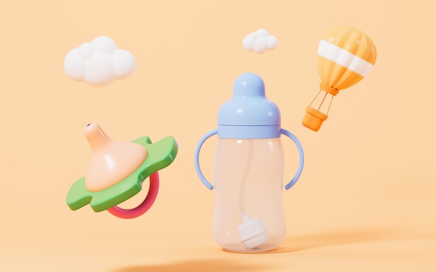 Fütterungsflasche und Schnuller für Babys Babyprodukt 3D-Rendering