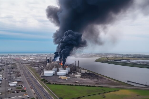 Fuga de gas tóxico de planta petroquímica con penacho de humo visible