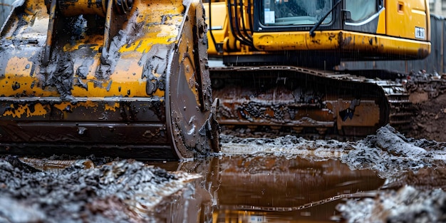 Fugida de mangueira hidráulica em uma escavadora em um local de construção resultando em contaminação por manutenção de escavadora de alta pressão Conceito Fugido de mangueiro hidráulico em uma escavadeira em um lugar de construção