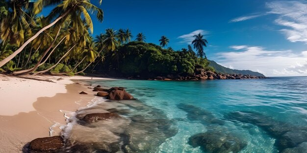Fuja da rotina diária Praia tropical isolada completa com águas azul-turquesa cristalinas e palmeiras ondulantes IA generativa