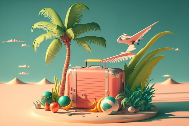 Fuja para um paraíso tropical com uma cena de praia de verão com um avião, mala, flamingo