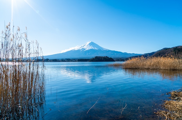 Fuji Berg mit Kawaguchiko See und blauem Himmel